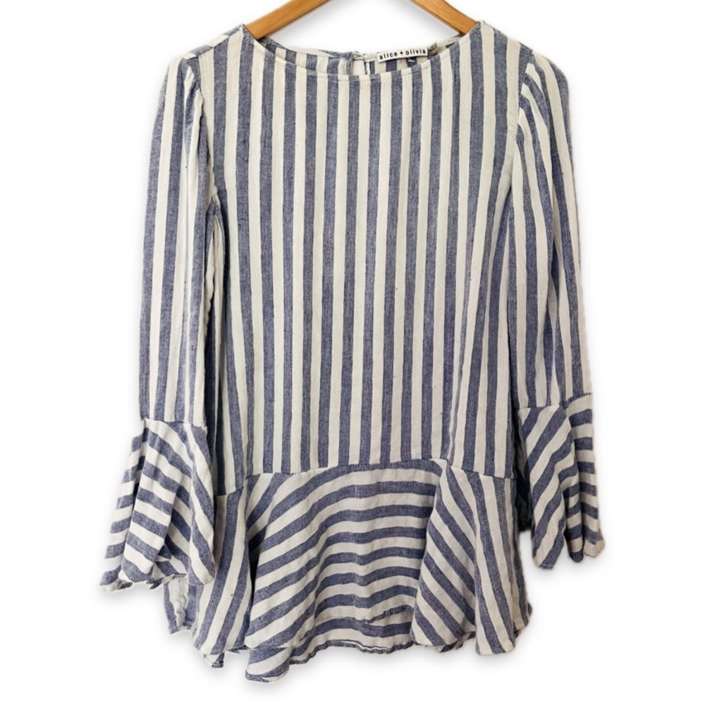 Alice & Olivia Linen Blend Peplum Blouse Doyle Trumpet Sleeve Revolve Coastal